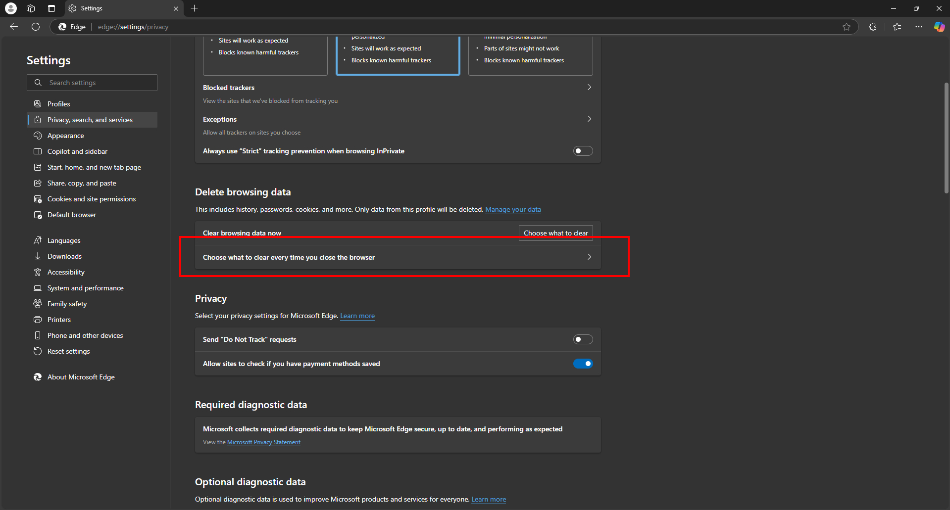 auto clear history in Microsoft Edge settings