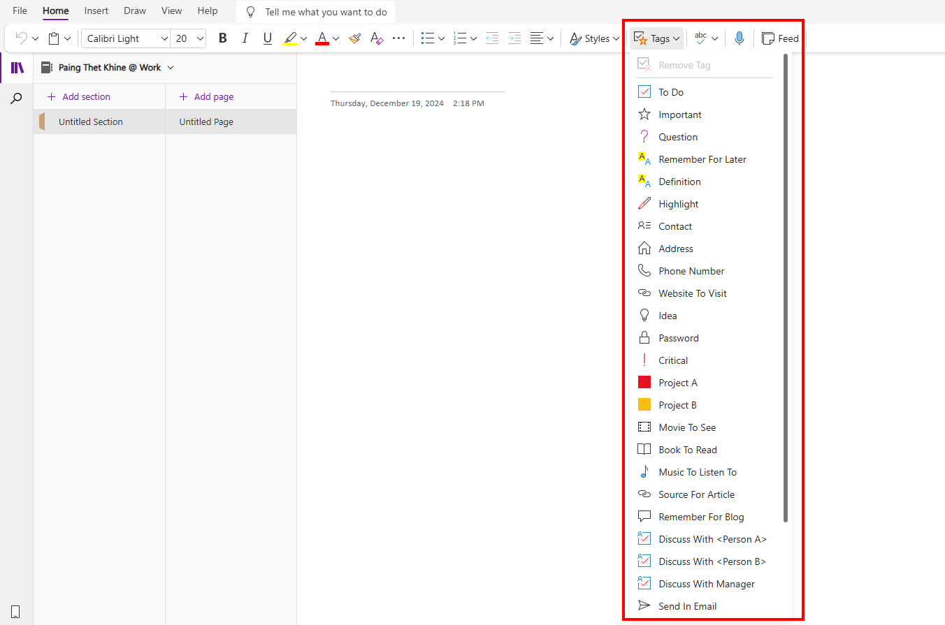 tag in onenote