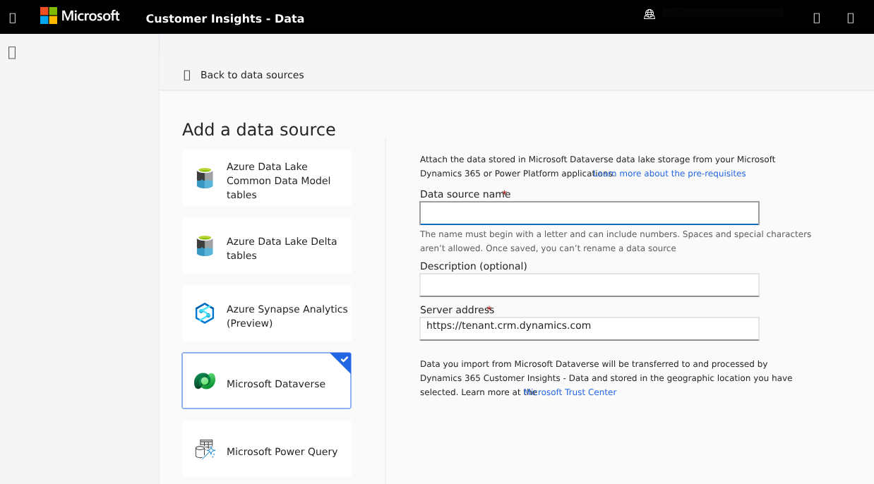 step 2 dataverse connect to data source