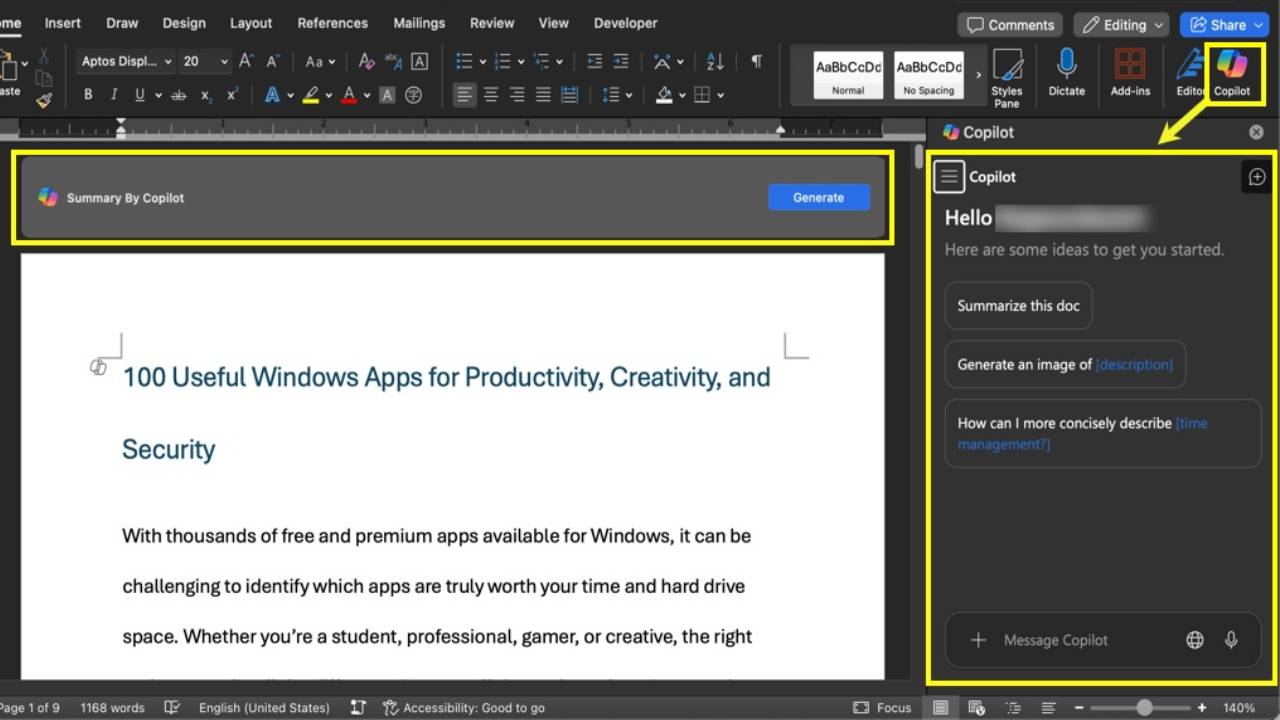 Click it to open the Copilot sidebar or inline prompt box.